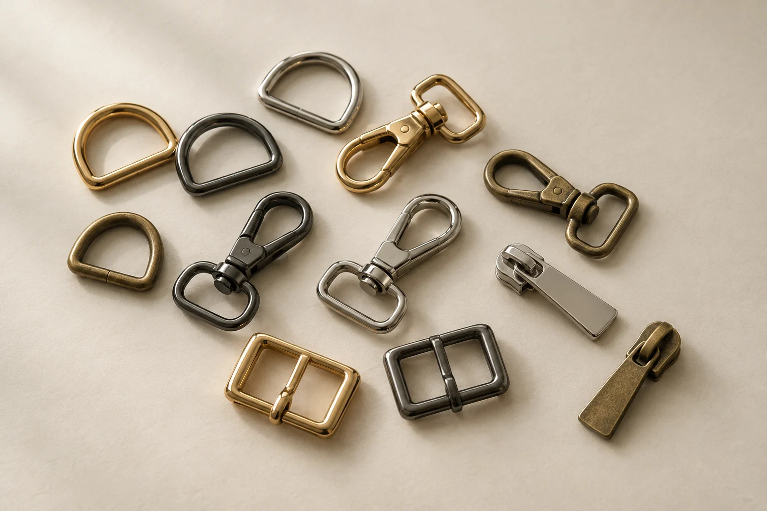 Illustrative study of bag hardware in gold, nickel, gunmetal and antique brass finishes