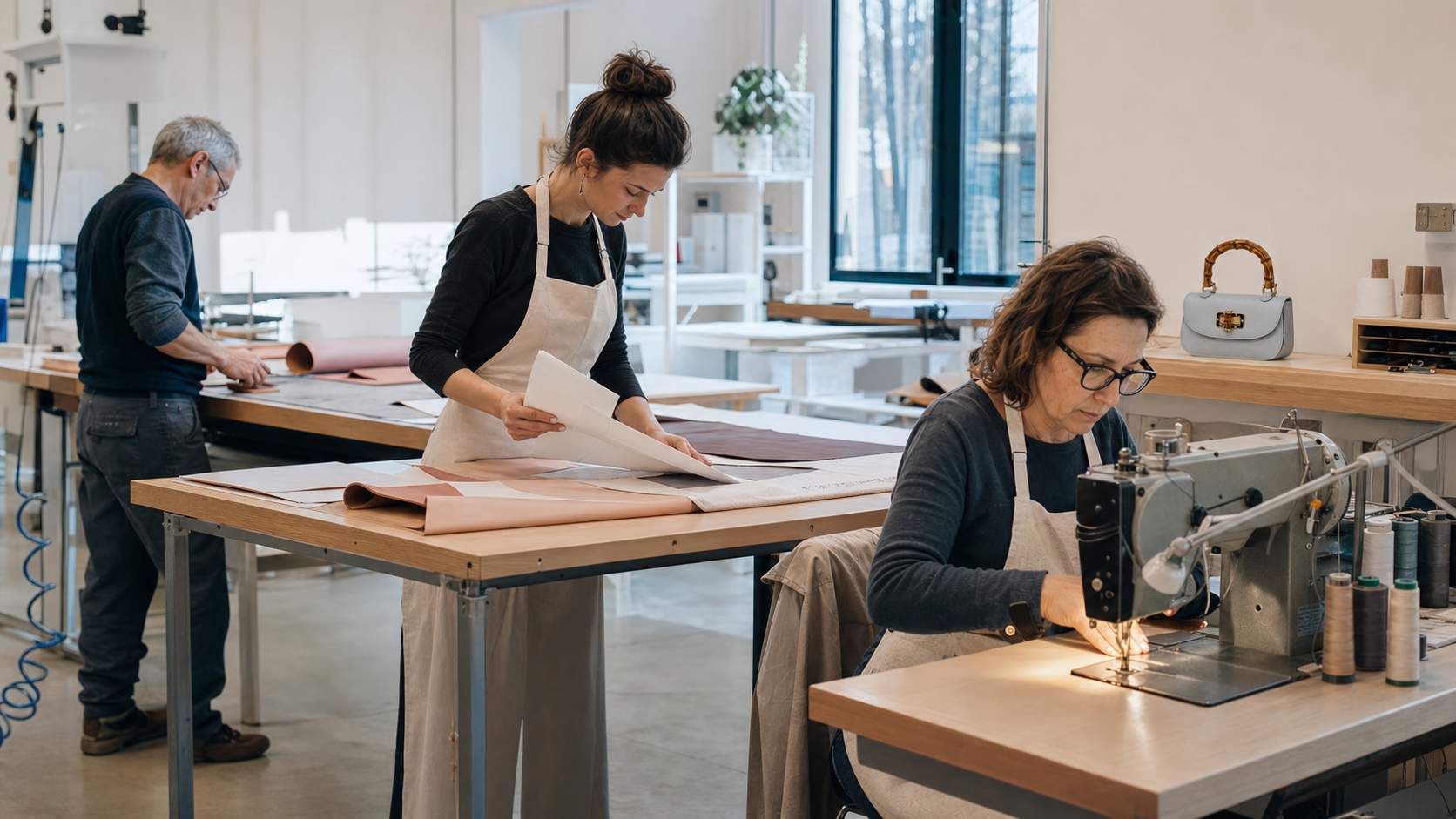 Leather-goods makers working at sewing and preparation stations in a bright production space