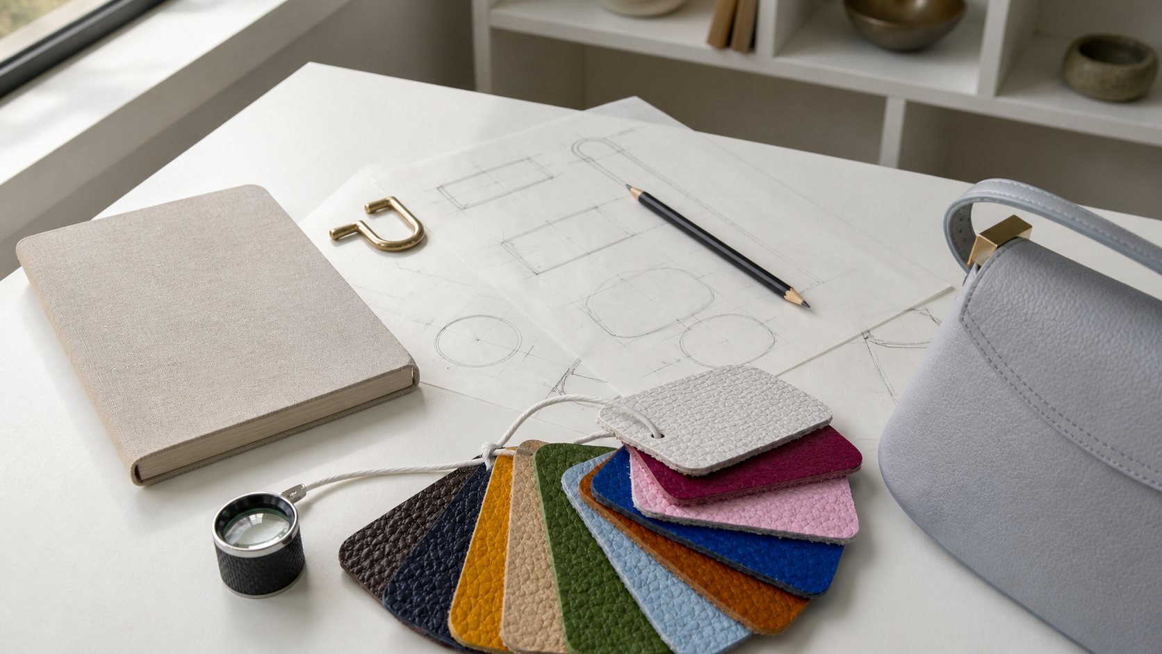 A leather-goods research table with notebooks, swatches, tools and Florence beyond the window