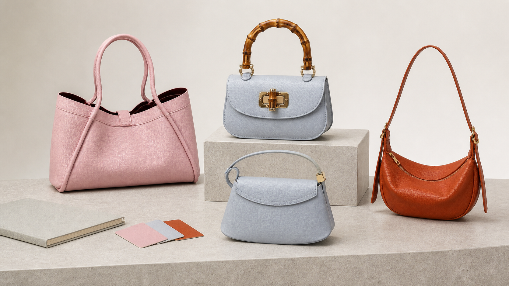Four leather bag forms presented together as private-label development starting points