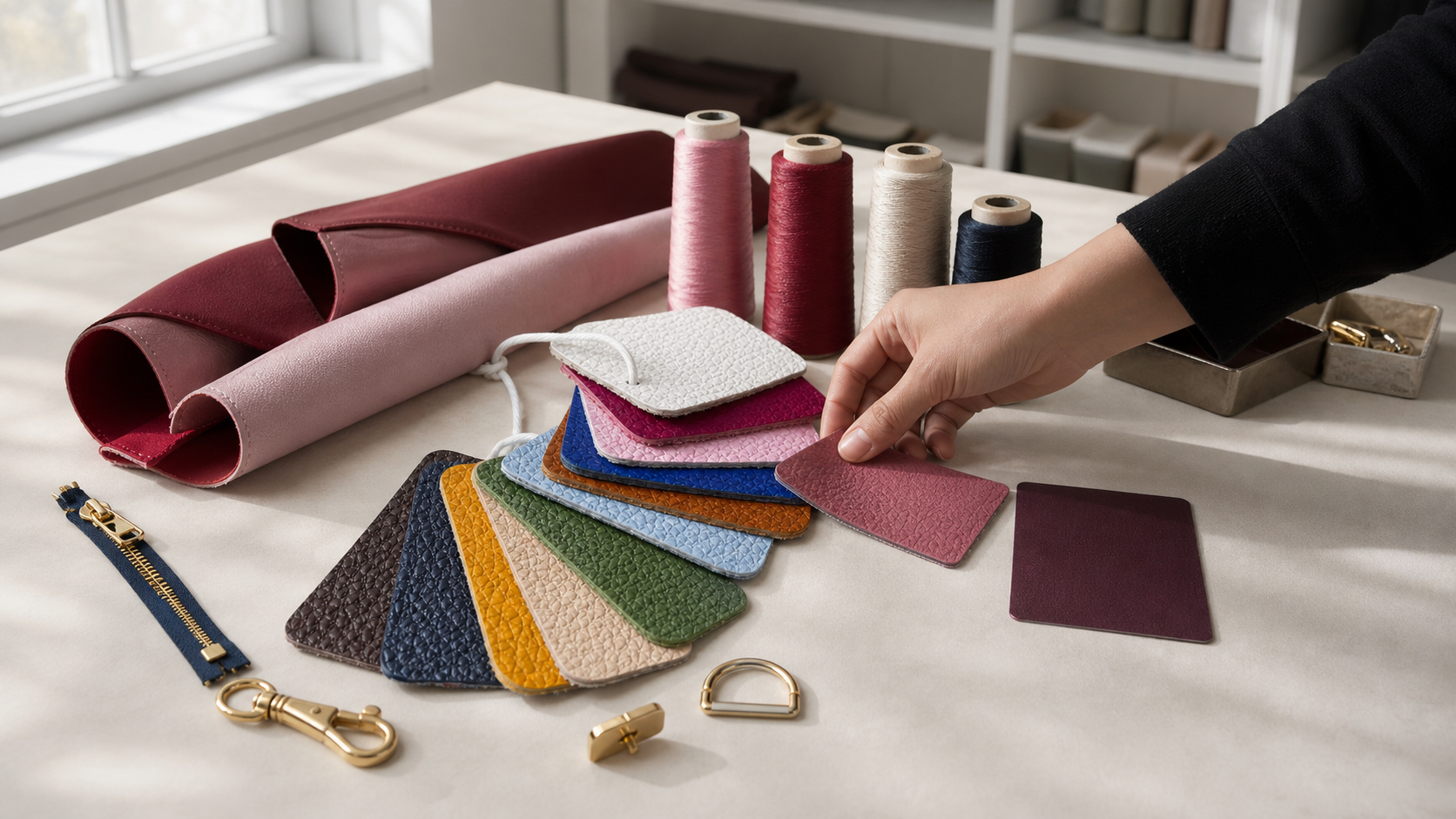 Italian leathers, linings, hardware and thread arranged for product development