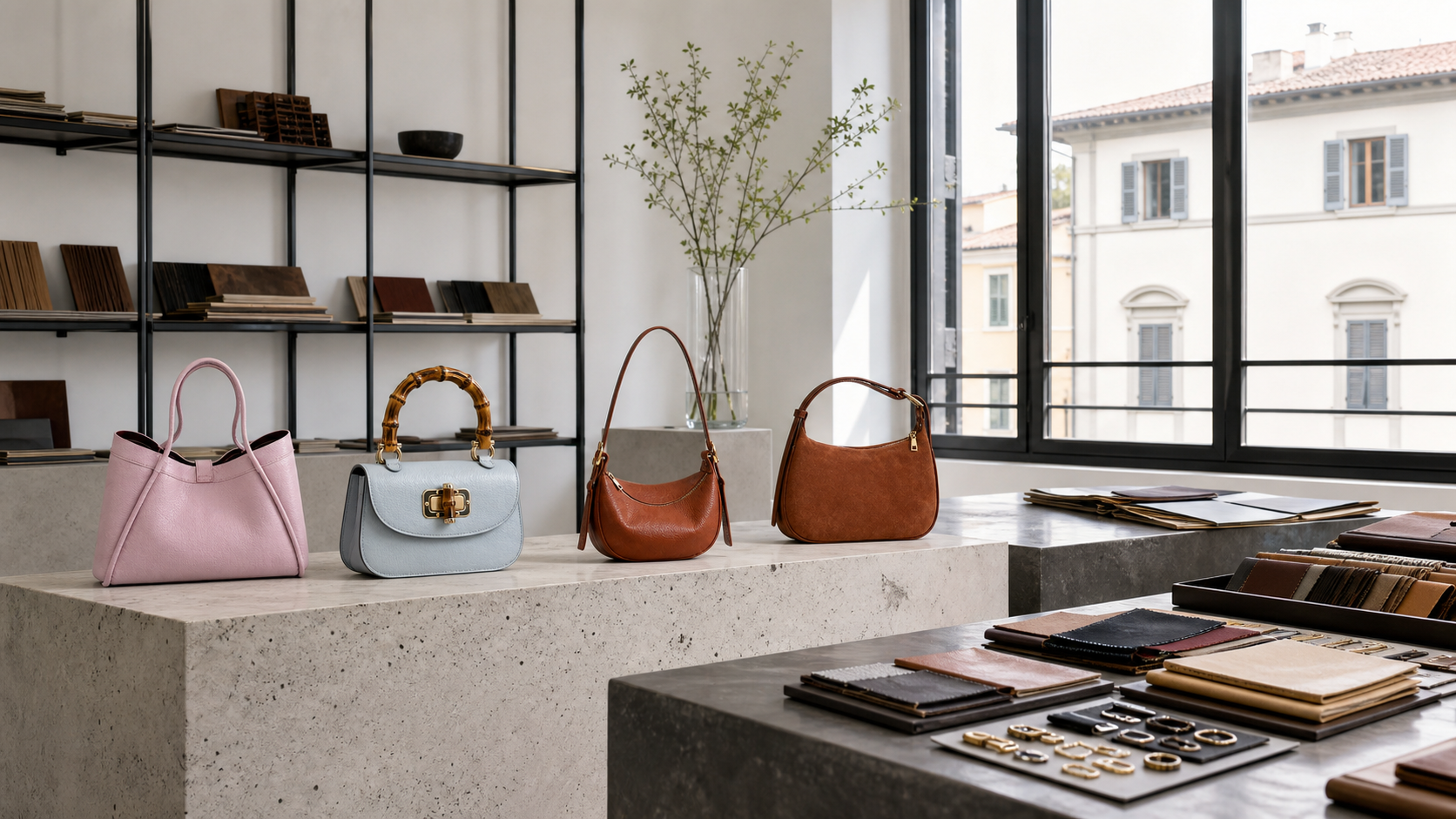 Leather bag samples displayed in the FRAYDA showroom near Florence