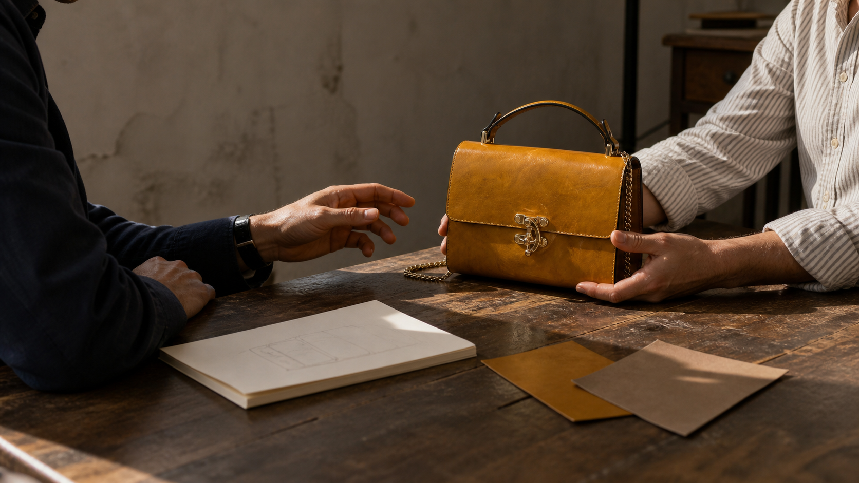 A brand client reaching for the first approved Bargello leather-bag sample beside its sketch and leather swatches