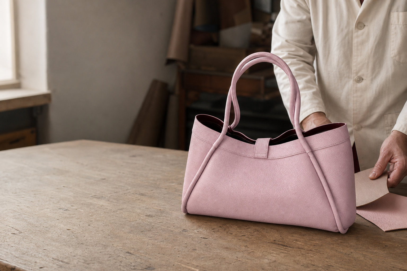 The pink Conciatori tote on the worktable in the FRAYDA atelier