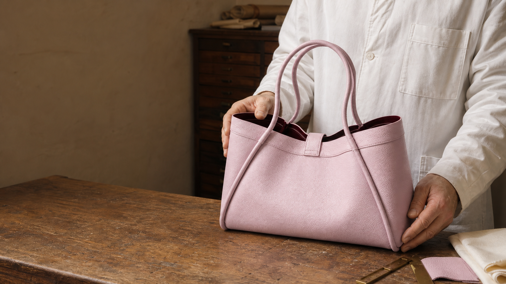 The Conciatori tote checked by hand at the final quality-control table