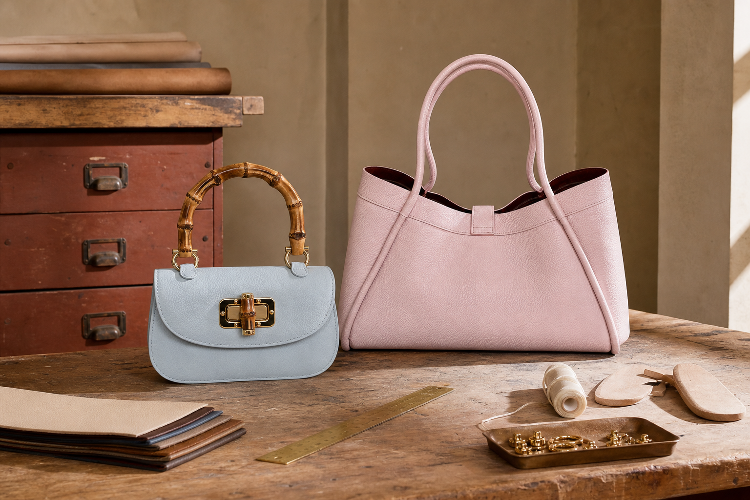 Leather bag samples, swatches and tools arranged on an atelier worktable