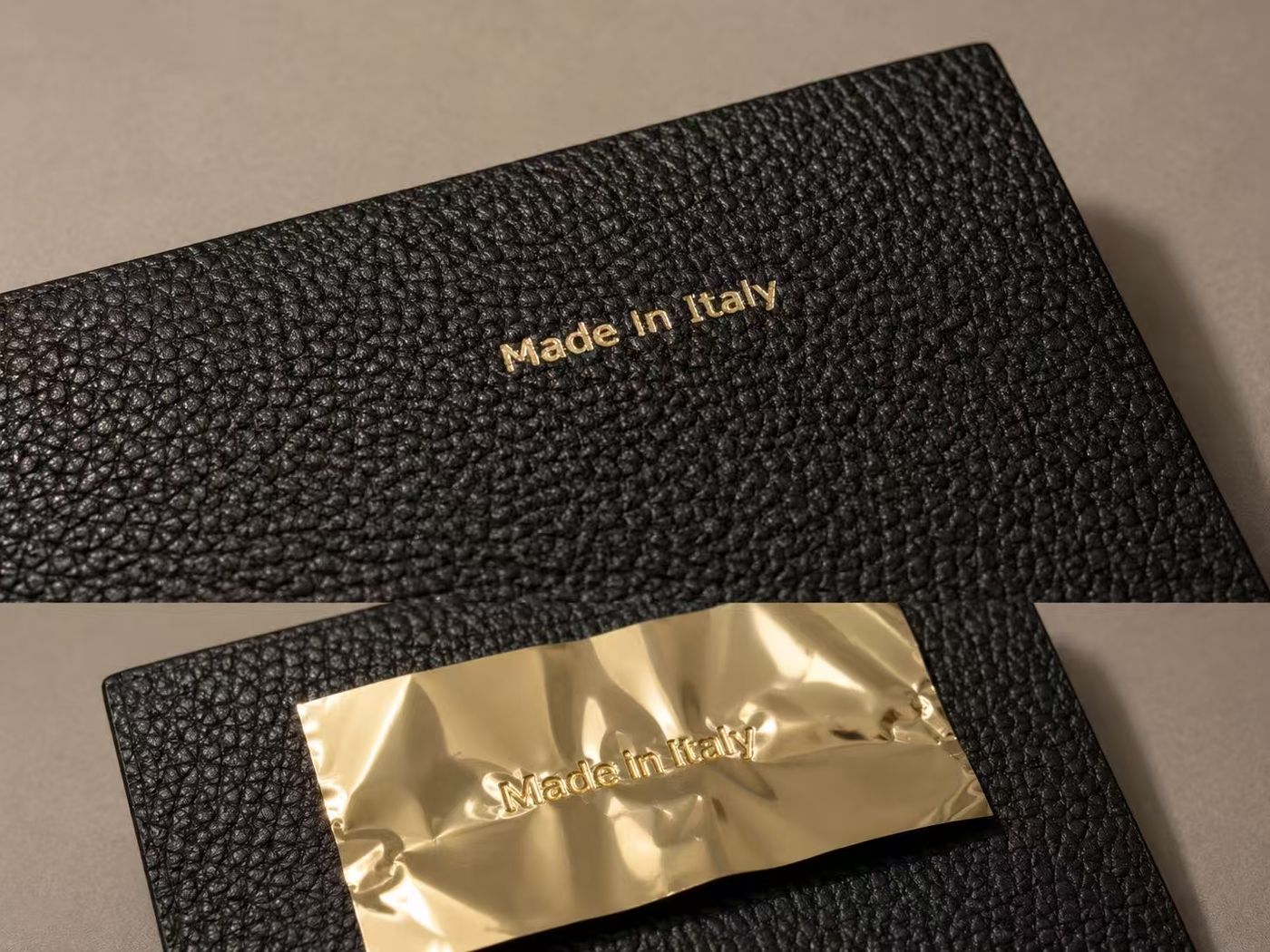 Close detail of a Made in Italy mark on naturally grained leather